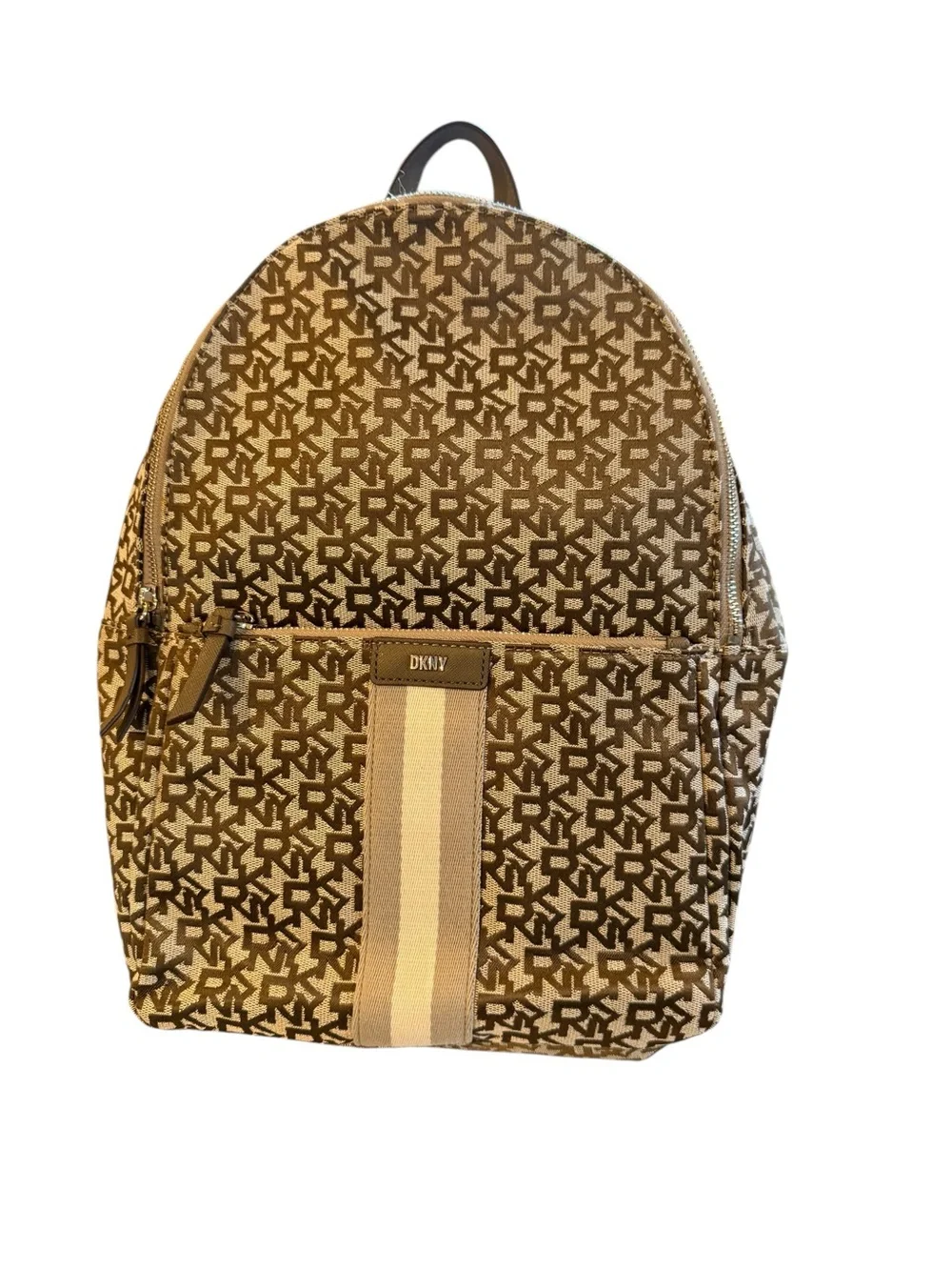 DKNY Monogram Logo Carlita Canvas Backpack in Beige Brown